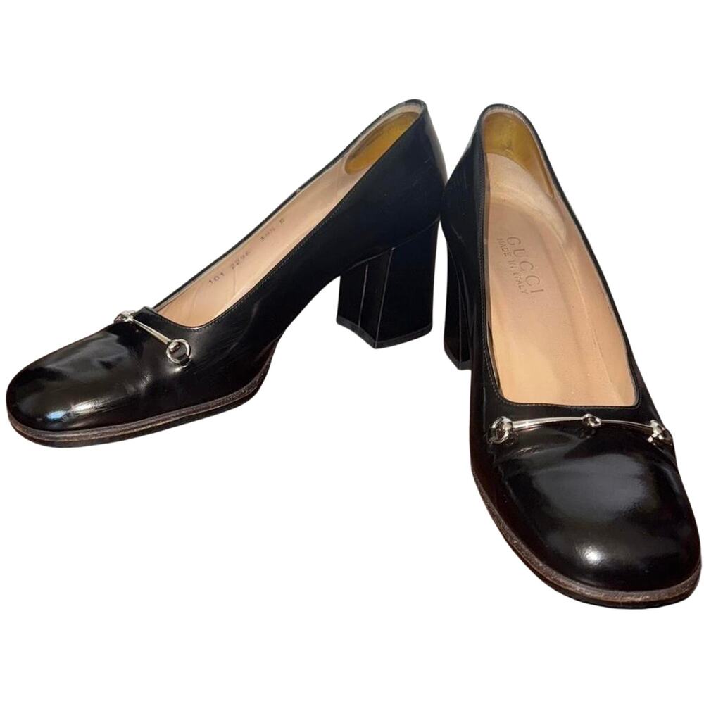 Gucci classic black leather preppy heel loafers silver buckles Size 38.5C